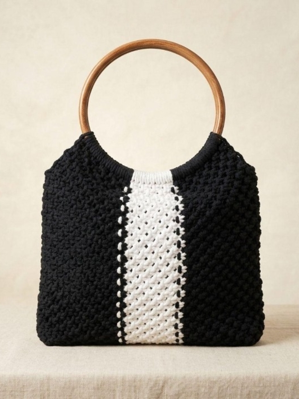 Hand-Knit Black Shoulder Bag with White Center Stripe and Wood Ring Handles